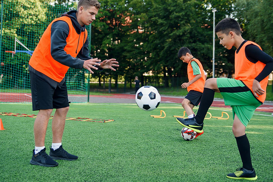 Soccer players running drills